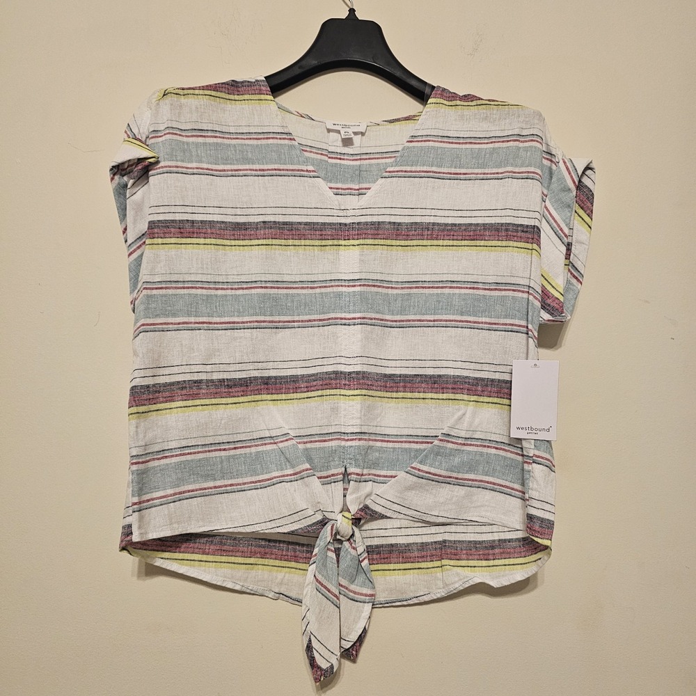 Women's‎ Top Blouse Size Small New Petite Sleeves Waist Tie Blue White Stripes